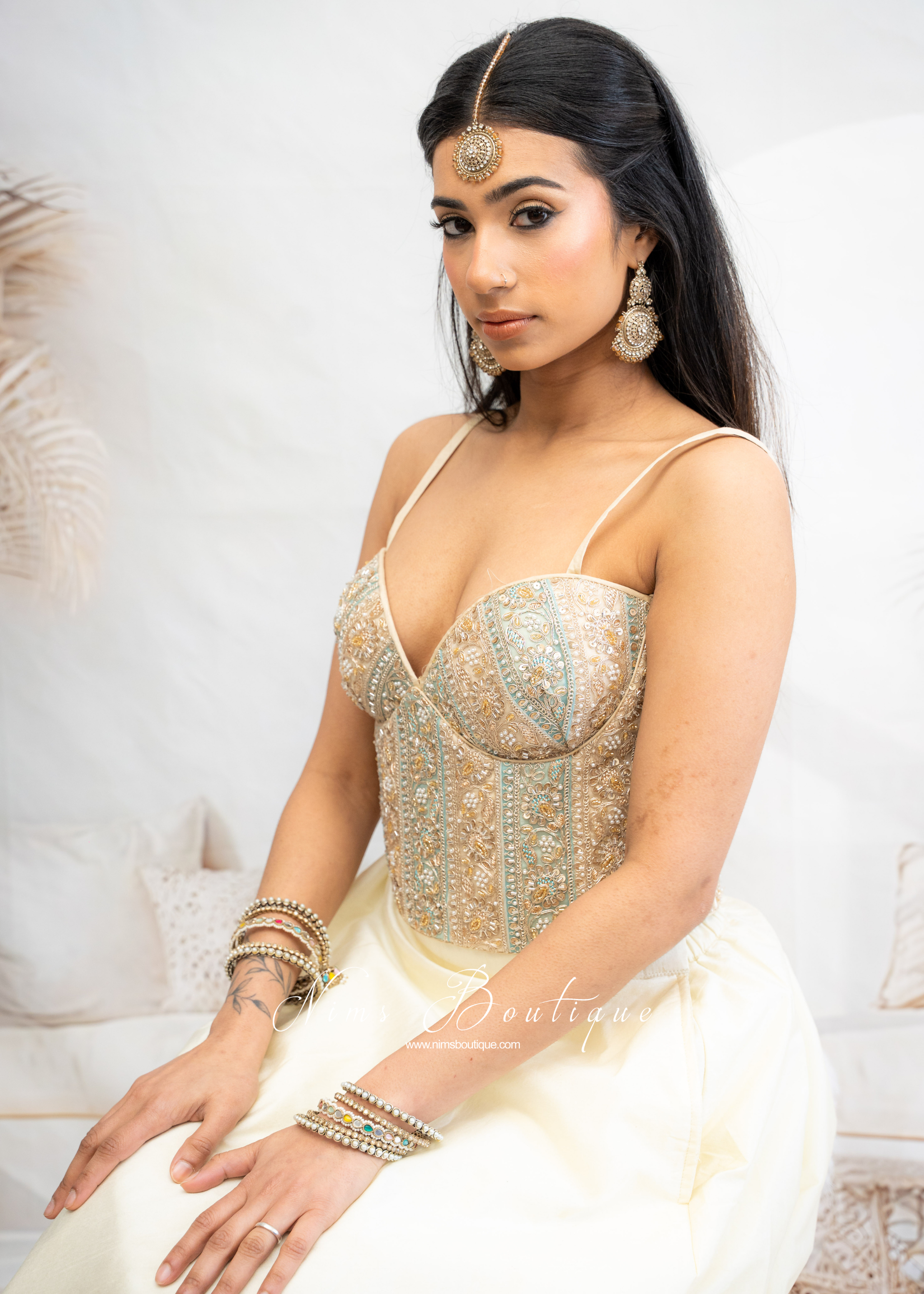 Maria Luxury Blue & Gold Embroidered Corset Blouse (one size)