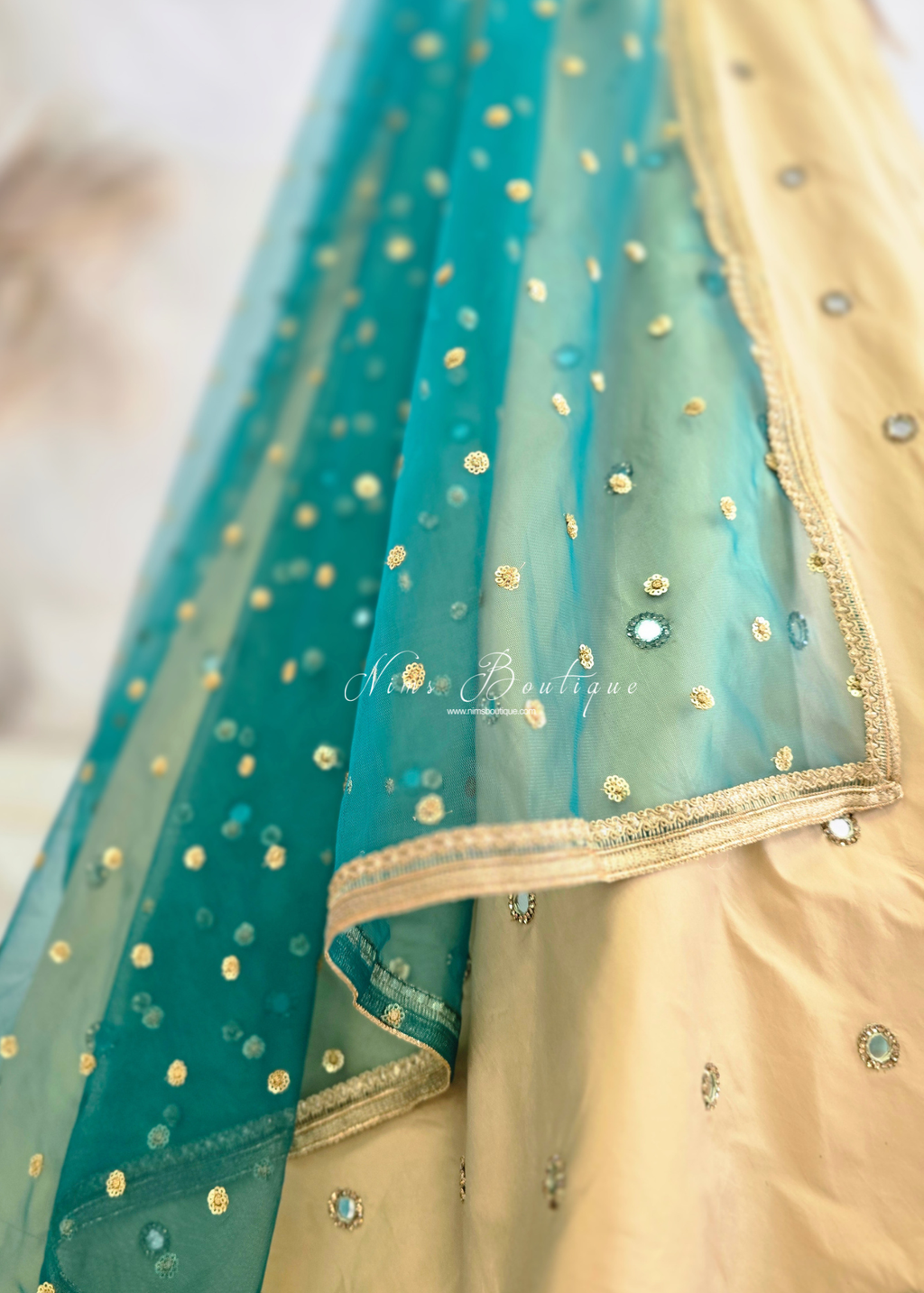 Luxury Peacock Green Net Sequin Dupatta/Chunni (LNS12)