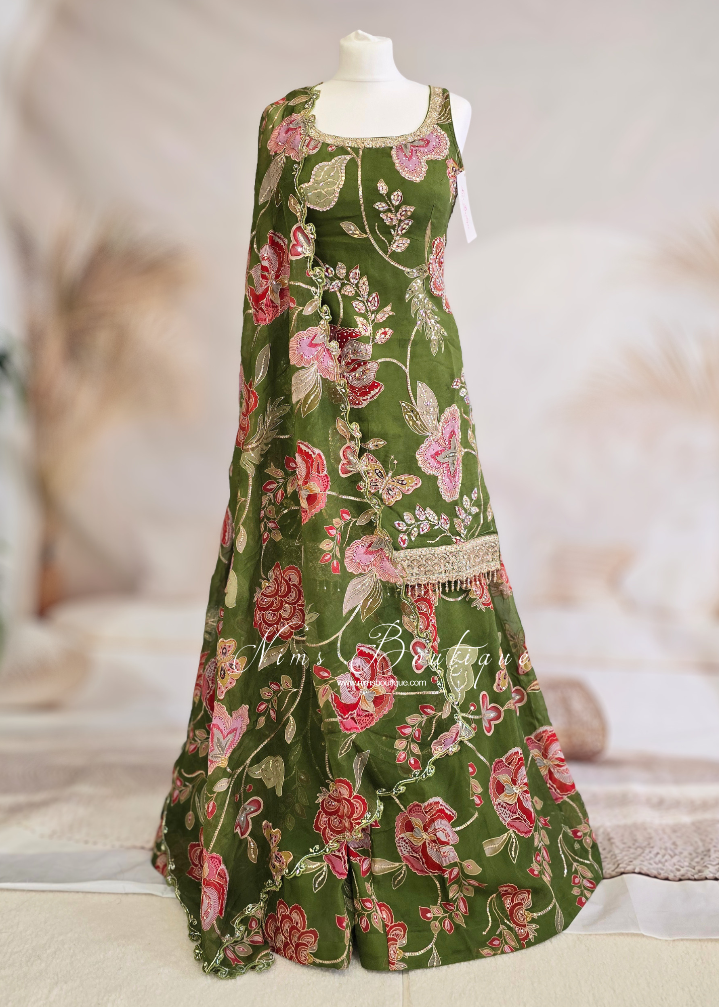 Luxury Olive Green Embellished Gharara Suit (size 10-12)
