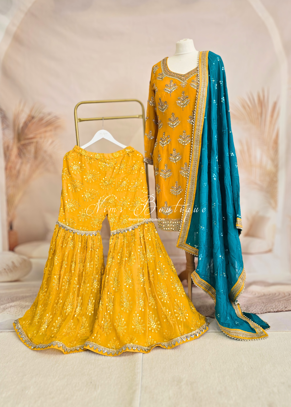 Mustard and Teal Gharara Suit (size 12-14)