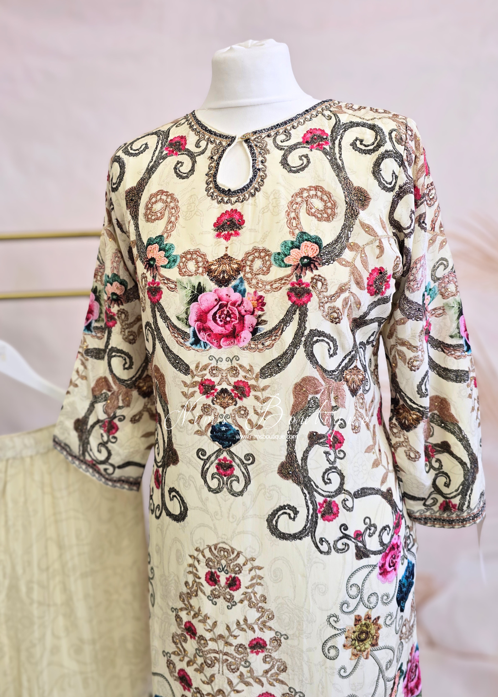 Cream Printed Floral Gharara Suit (size 14-18)