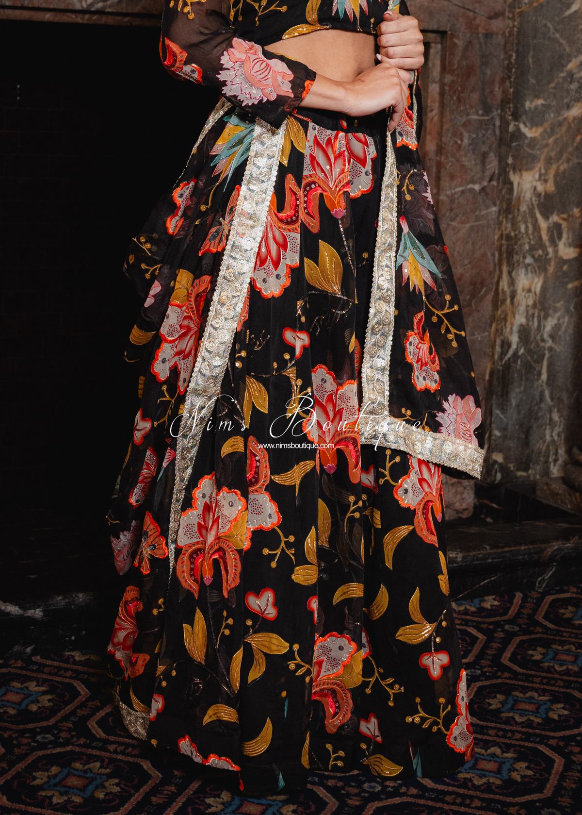 Evelina Black & Orange Floral readymade skirt/lehnga (size 6-24)