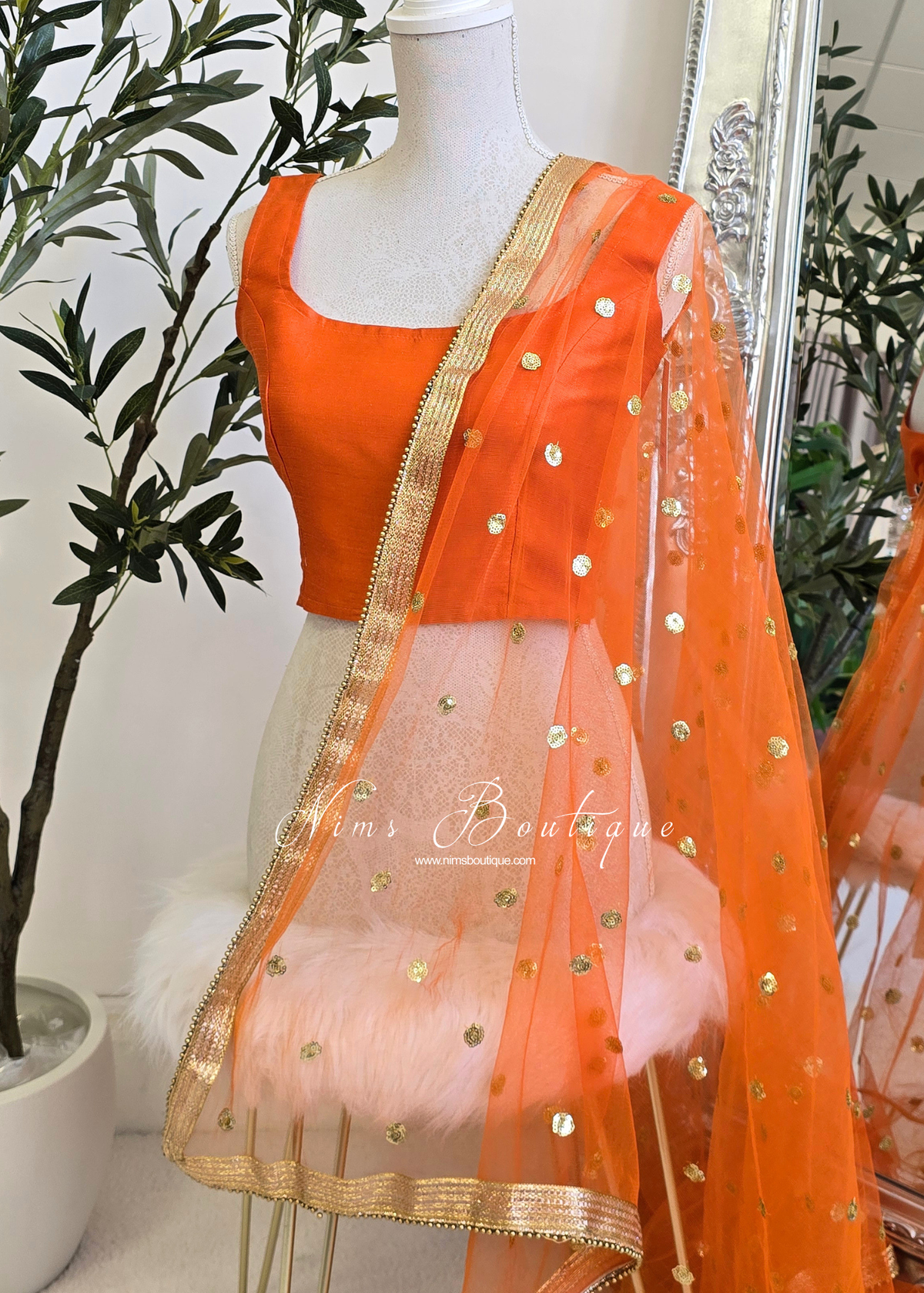 NB Orange Net Sequin Dupatta/Chunni (Bead edging)