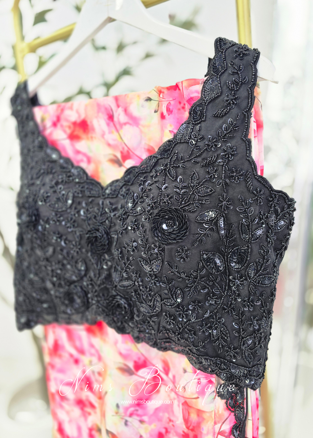 Luxury Black Beaded & Satin Floral Saree