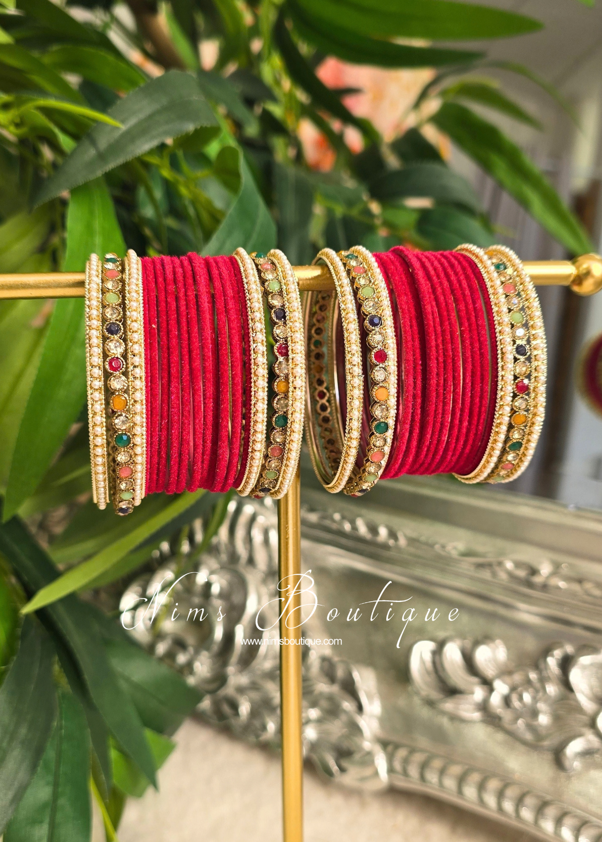 Neha Raspberry Pink Velvet & Multicolour Set of Bangles