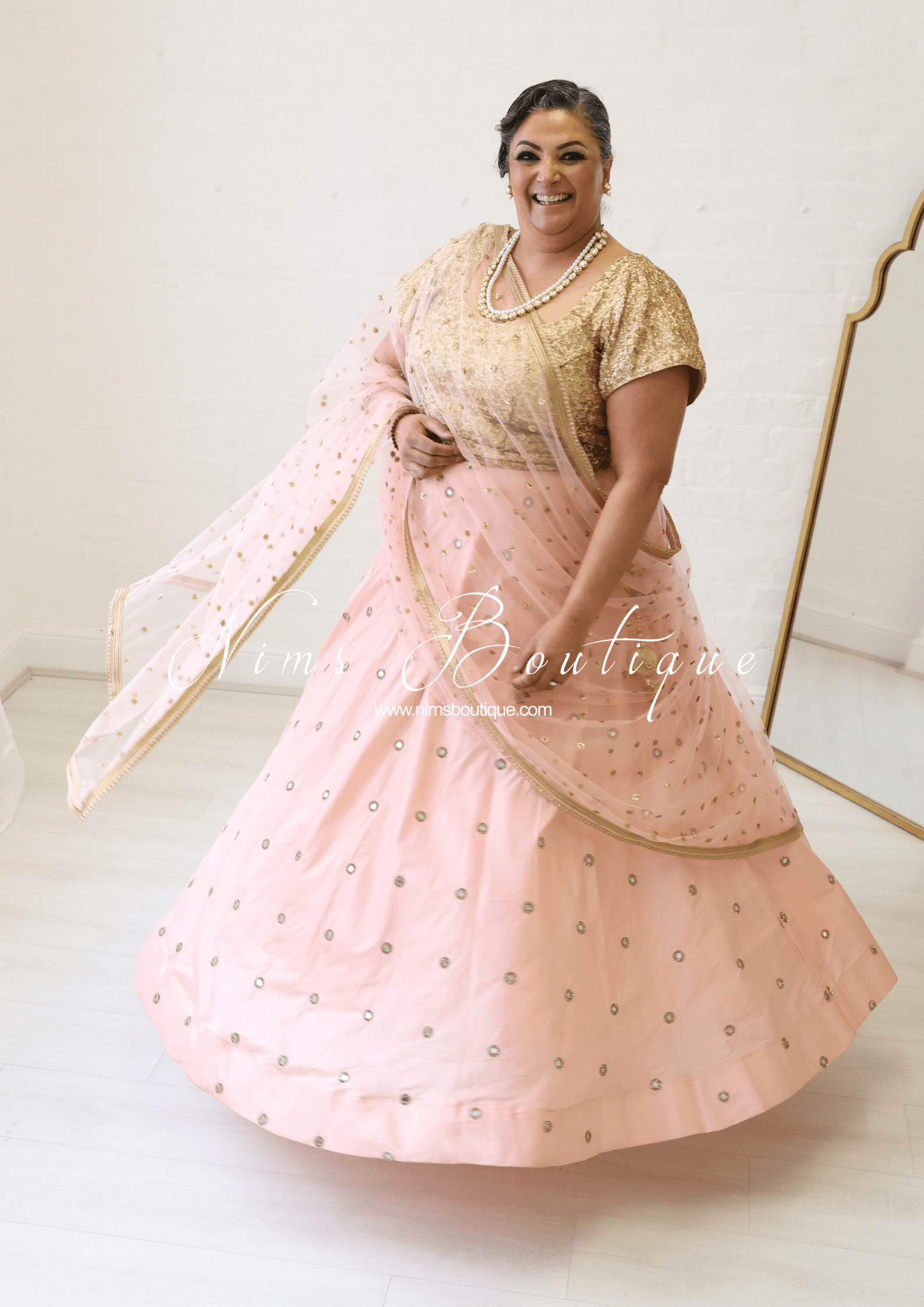 Nims Boutique Rani Luxury Peach Mirror readymade skirt/lehnga sizes 4-22