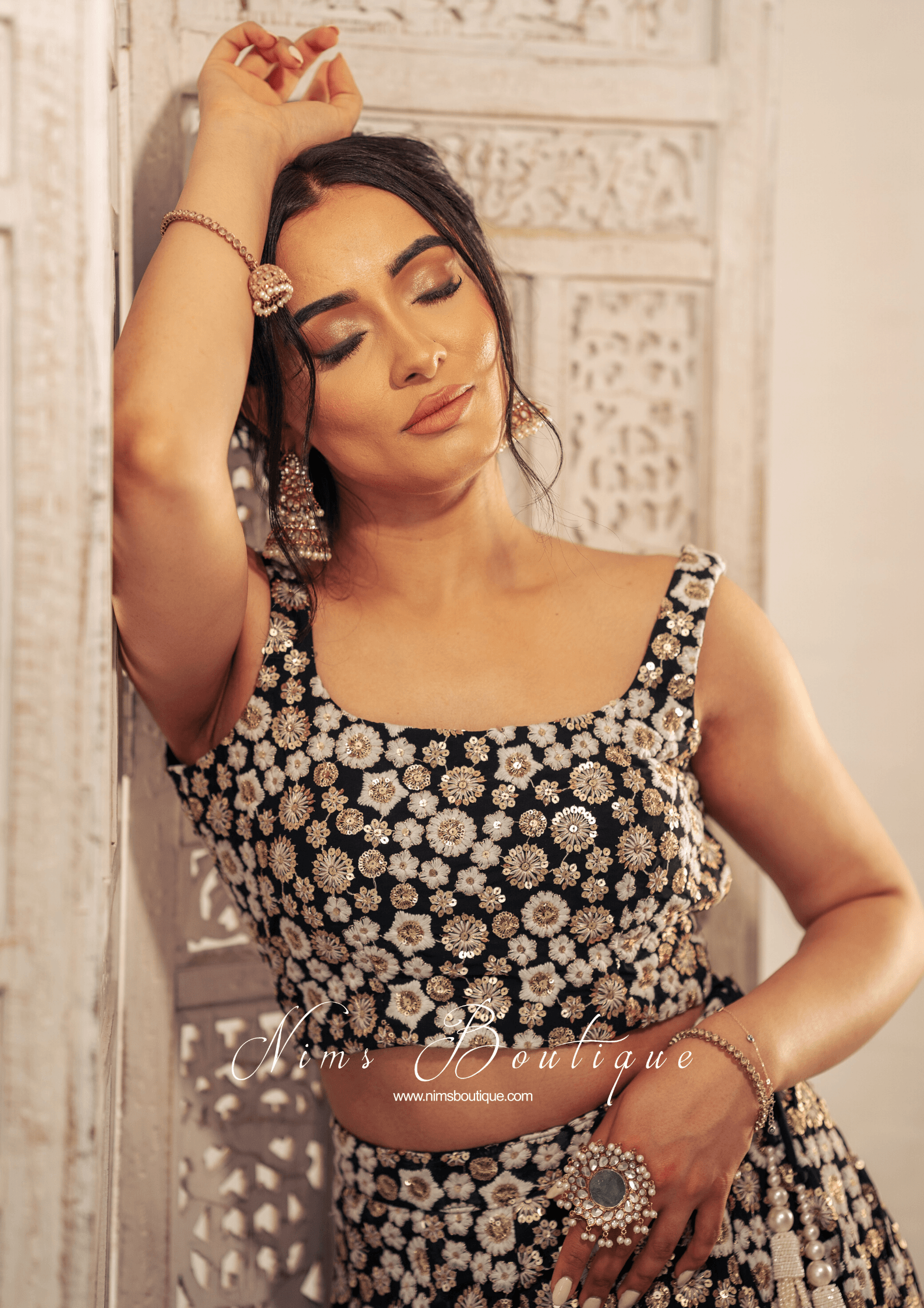 Nims Boutique Luxury Black & Ivory Sequin Bow Lehnga 6-14