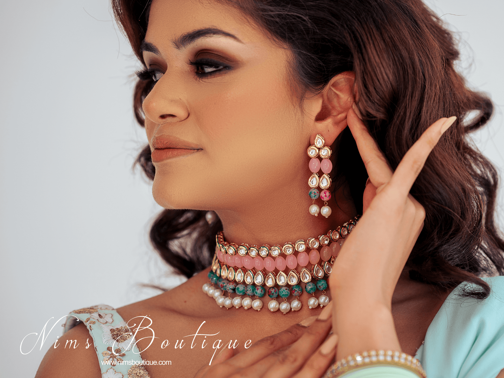 Nims Boutique Pavan Pastel Pink Kundan & Green Floral Bead Choker Set