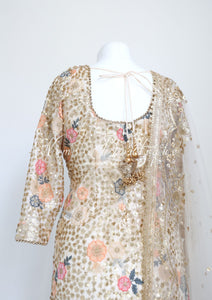 Bella Luxury Cream Floral Embroidered Suit with Pajami and sleeves(sizes 14-18)