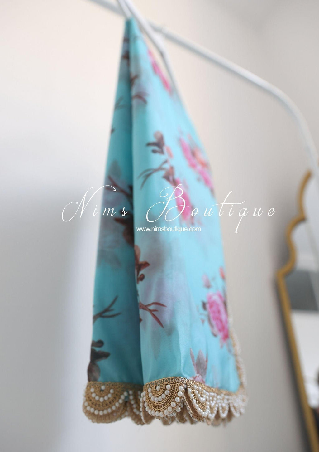 Nims Boutique Luxury Blue Organza Floral Dupatta/Chunni with Pearl Edging