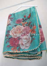 Teal Green Floral Print Sari Pearl Edging