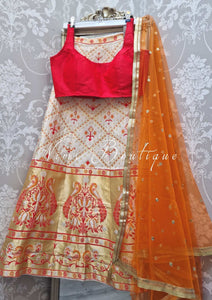 Nims Boutique Ivory, Red & Orange Brocade Semi stitched skirt/lehnga