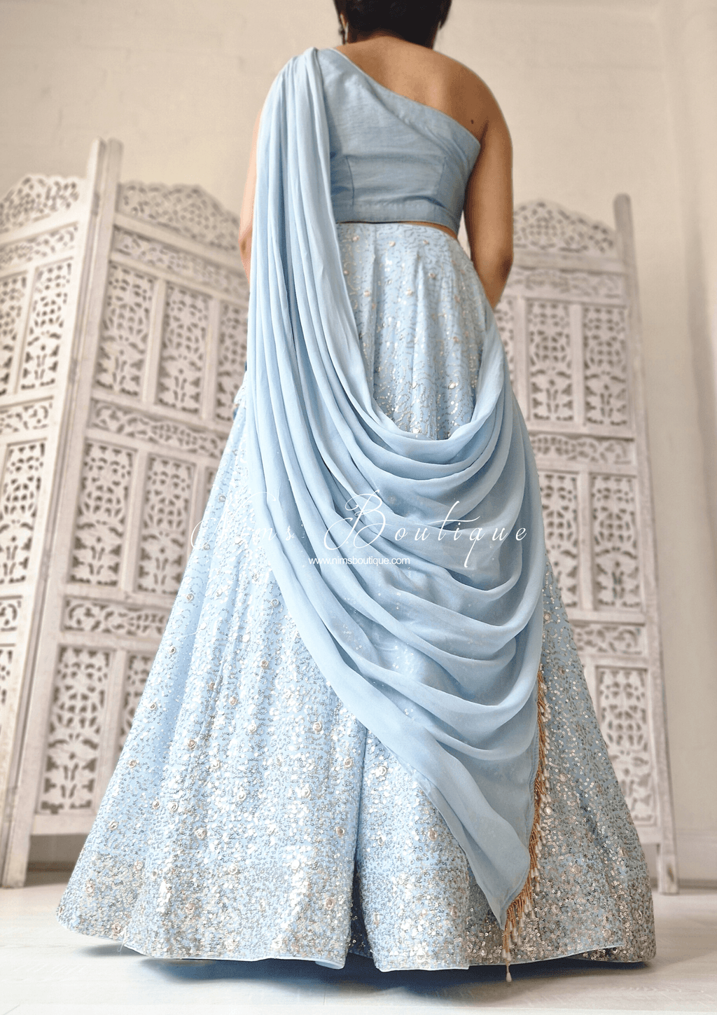 Nims Boutique Arya Powder Blue Luxury One Shoulder & Dupatta blouse 4-10