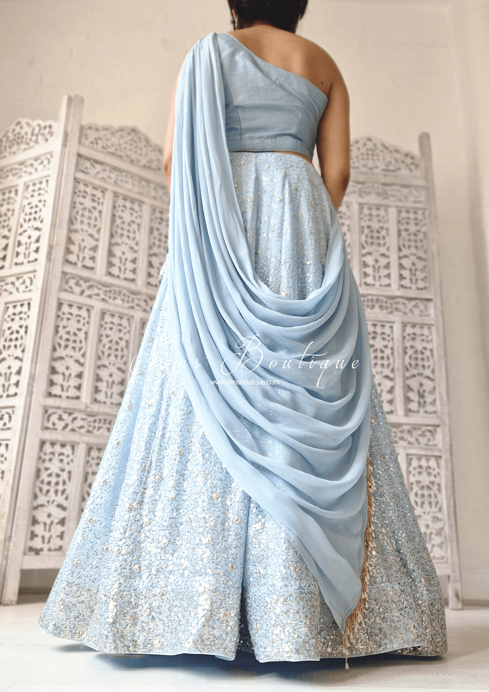 Nims Boutique Arya Powder Blue Luxury One Shoulder & Dupatta blouse 4-10