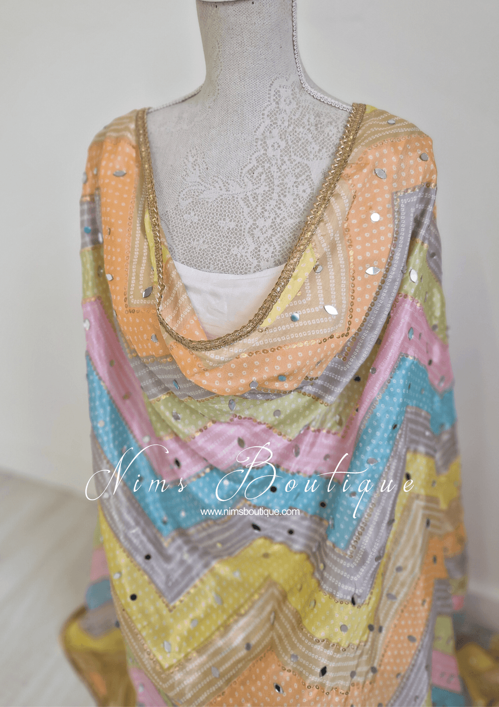 Nims Boutique Sitara Luxury Light Pastels Zig Zag Mirror Dupatta/Chunni
