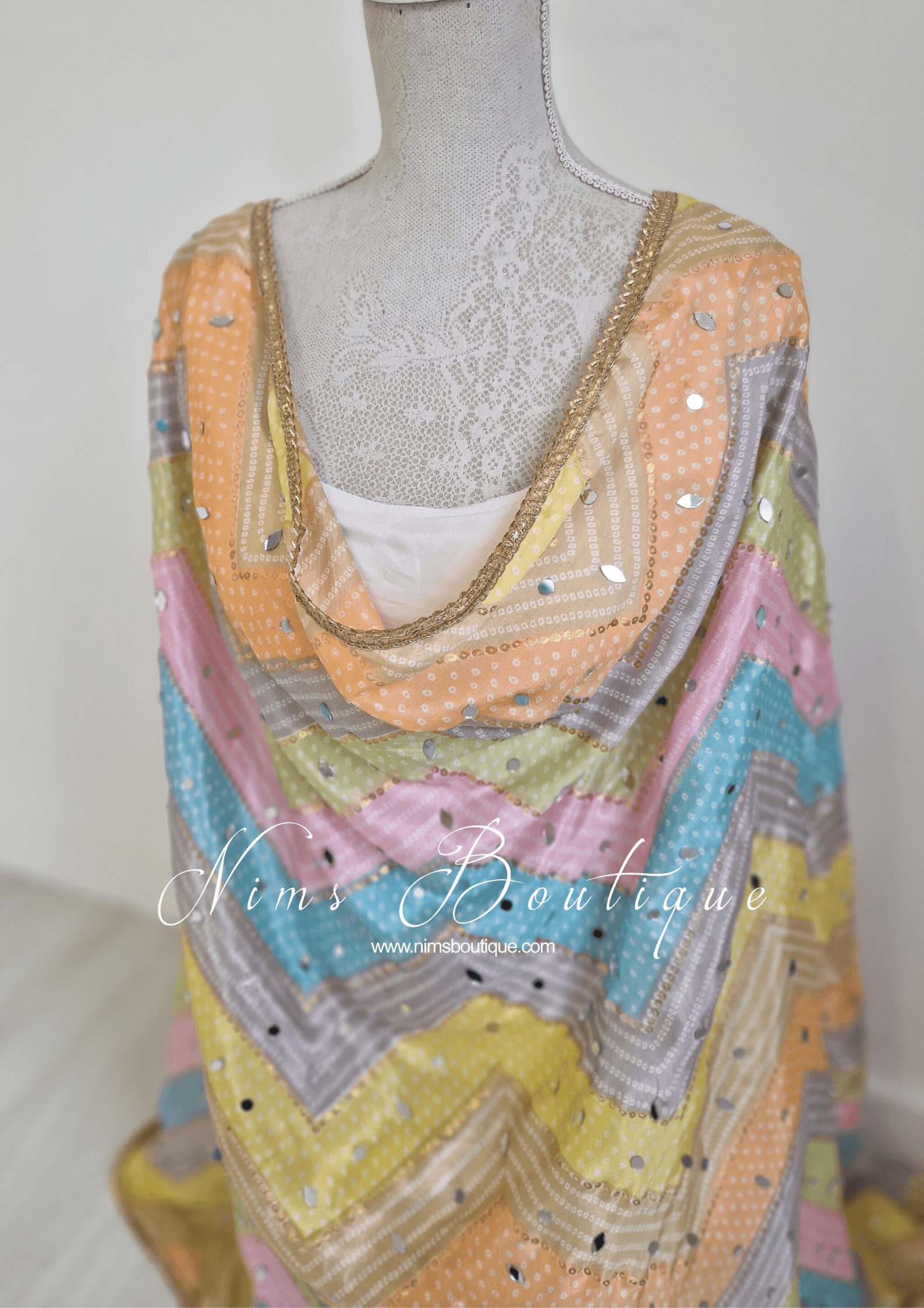 Nims Boutique Sitara Luxury Light Pastels Zig Zag Mirror Dupatta/Chunni