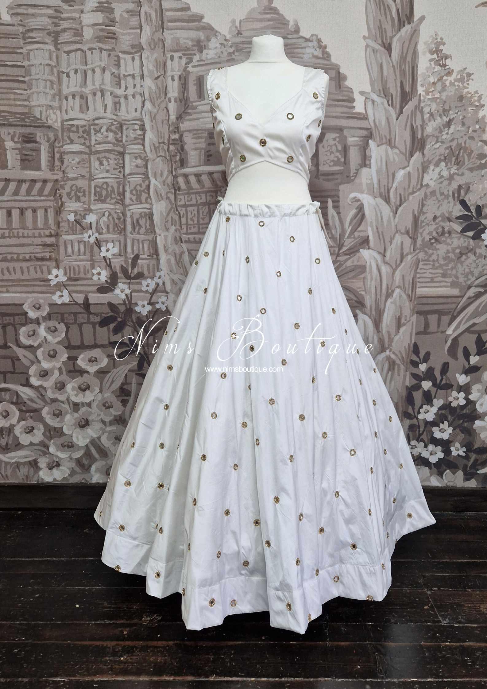 Nims Boutique Rani Luxury White Mirror readymade skirt/lehnga size 4-22