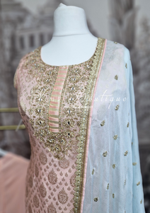 Peach & Light Blue Embroidered Gharara Suit (Size 10-12)