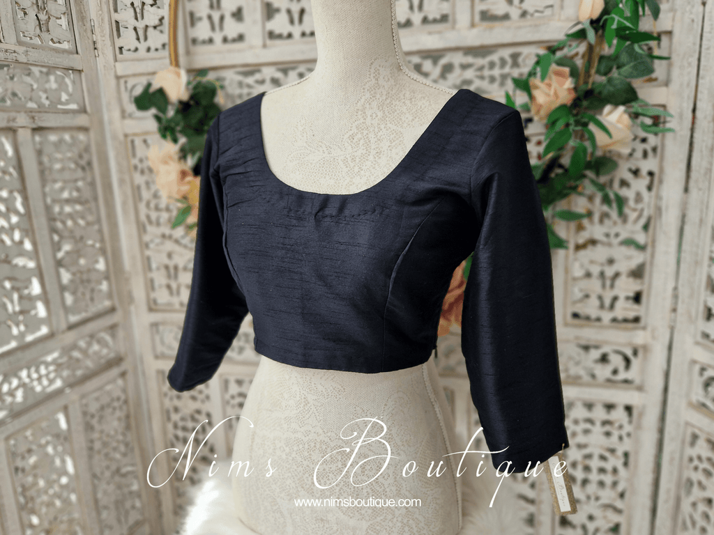 Nims Boutique Black Raw Silk Scoop Neck Blouse with sleeves 4-26