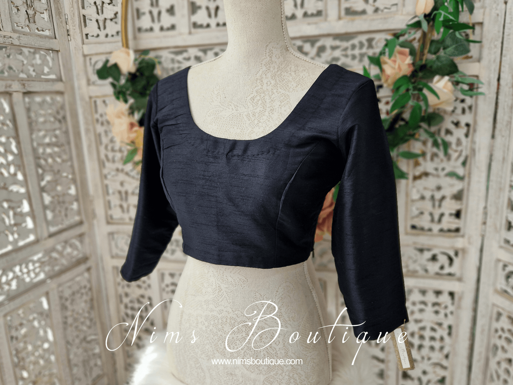 Nims Boutique Black Raw Silk Scoop Neck Blouse with sleeves 4-26