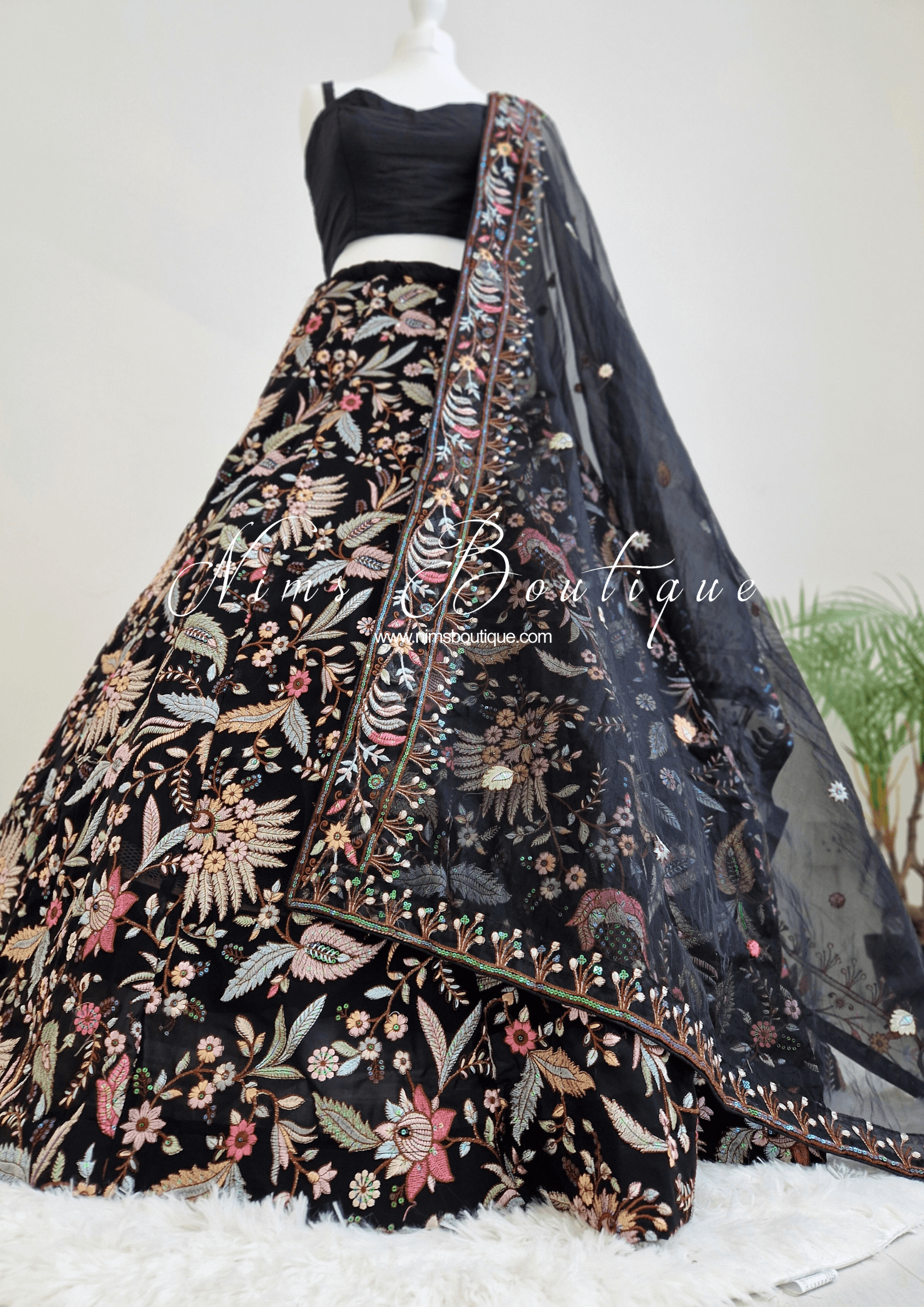 Nims Boutique Sarika Luxury Black Organza Embroidered Dupatta/Chunni