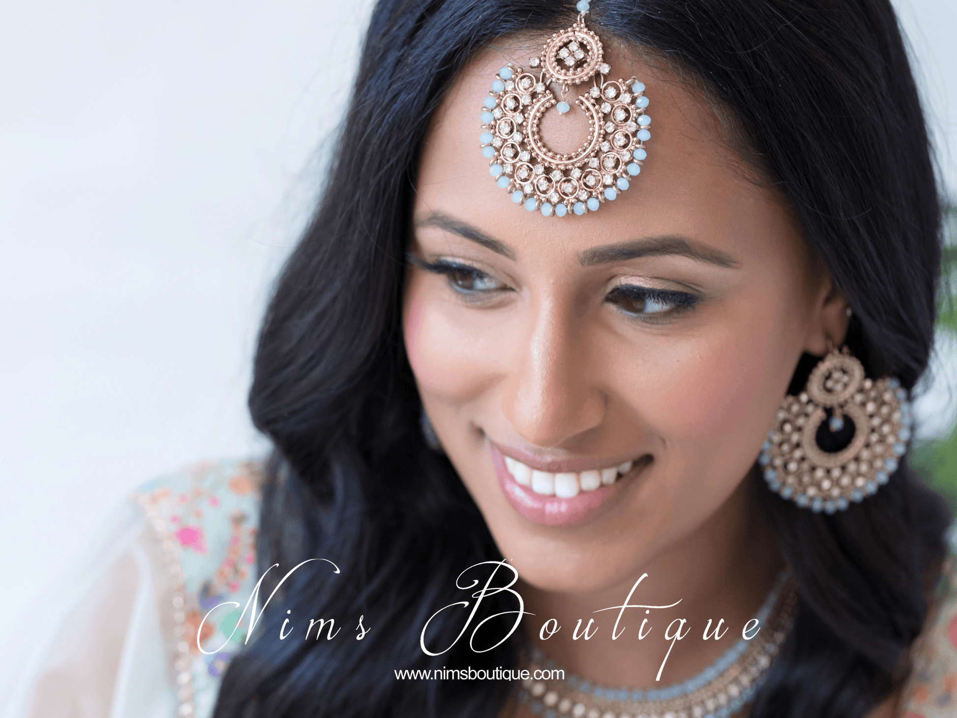 Nims Boutique Royal Antique Gold & Light Blue Chand Tikka Set 6cm