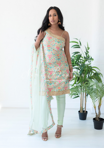 One Shoulder Mia Mint Green & Multicolour Pajami Suit (sizes 4-16)