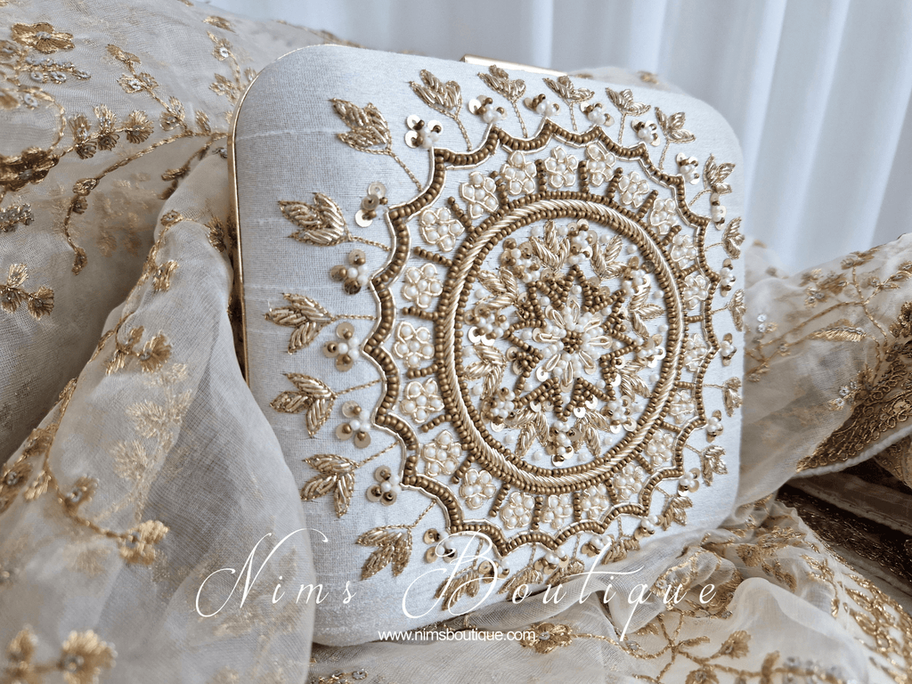 Nims Boutique Large White Raw Silk Pearl Embellished Clutch Bag