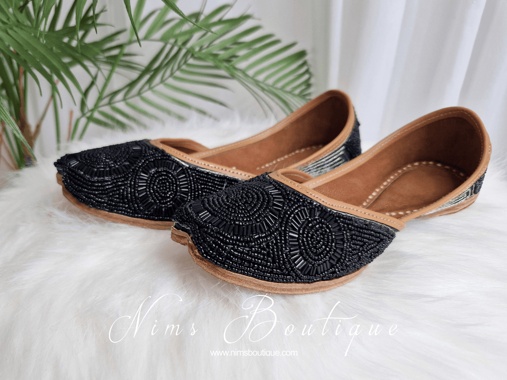 Nims Boutique Black Beaded Leather Punjabi Juttis