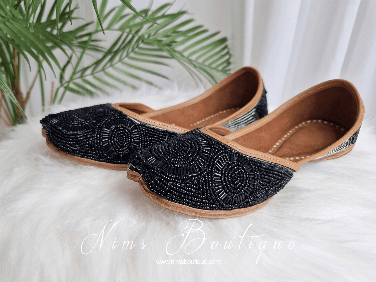 Nims Boutique Black Beaded Leather Punjabi Juttis