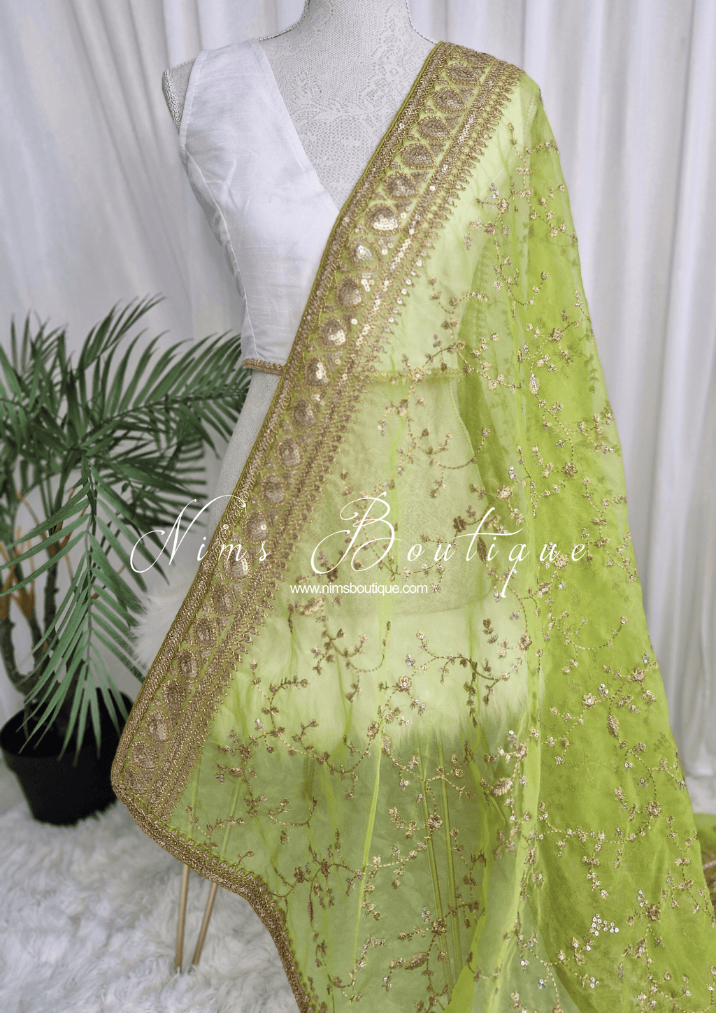 Nims Boutique Mahi Luxury Lime Organza Embroidered Dupatta/Chunni