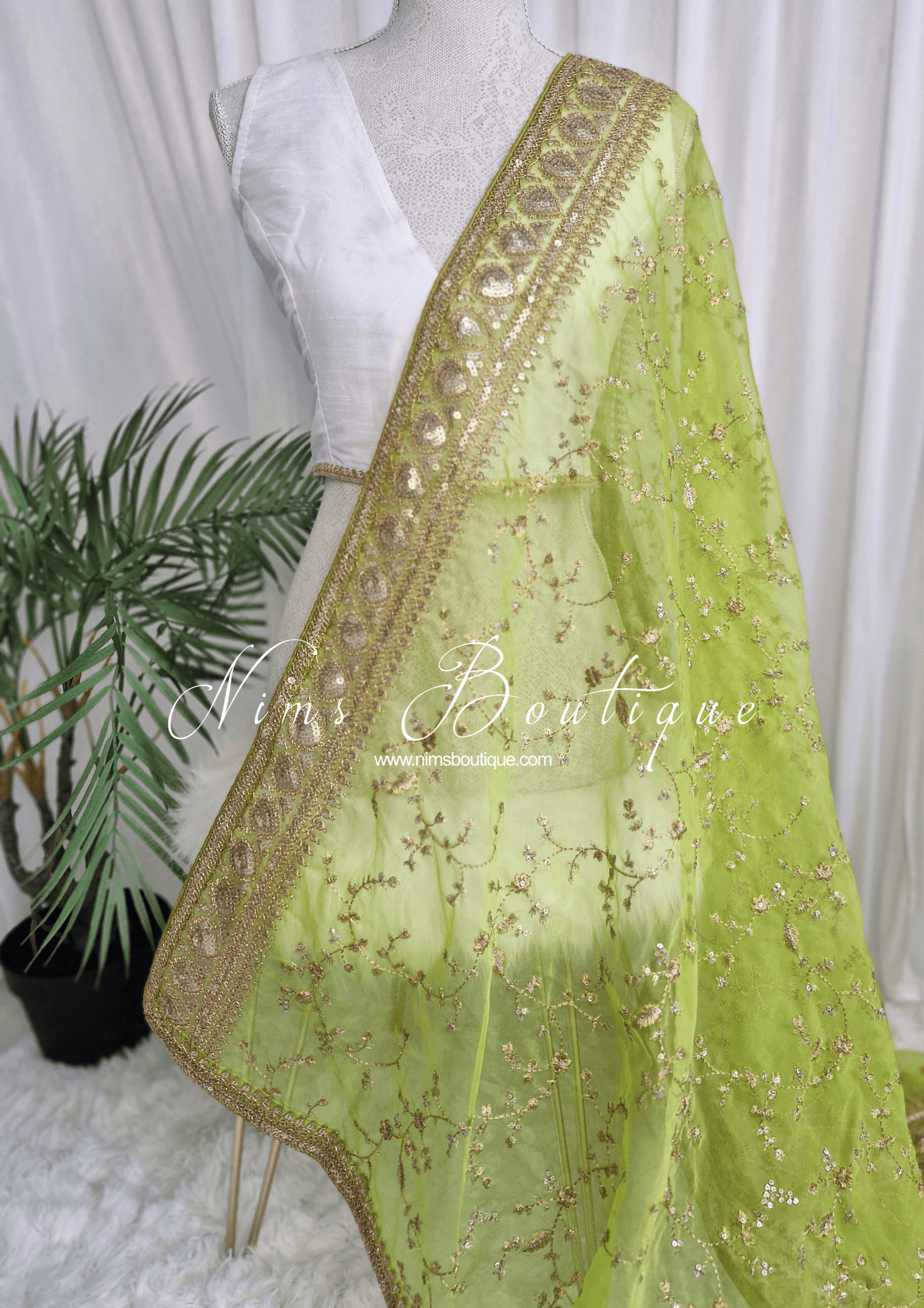 Nims Boutique Mahi Luxury Lime Organza Embroidered Dupatta/Chunni