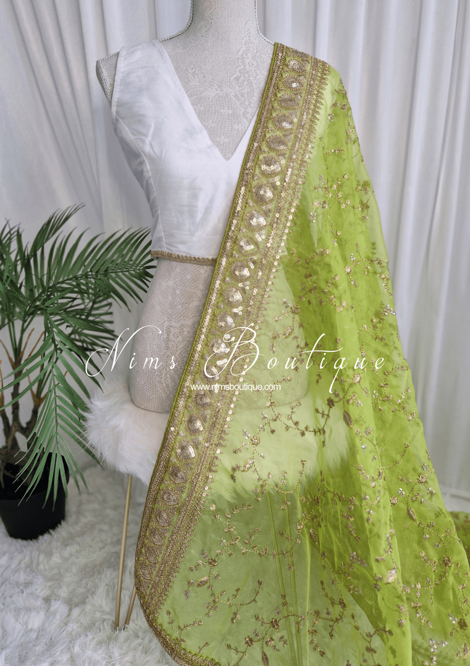 Nims Boutique Mahi Luxury Lime Organza Embroidered Dupatta/Chunni