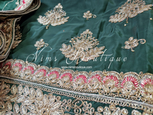 Luxury Unstitched Dark Green & Coral Embroidered Silk Suit