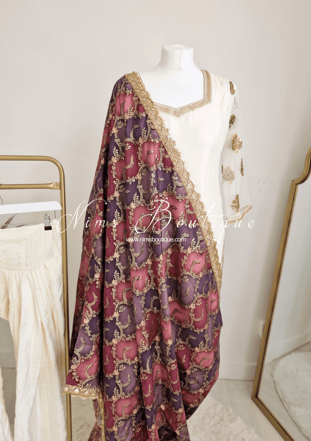 Nims Boutique The NB Classic Long Sleeved Ivory Silk & Multicolour Salwar Suit 8-20