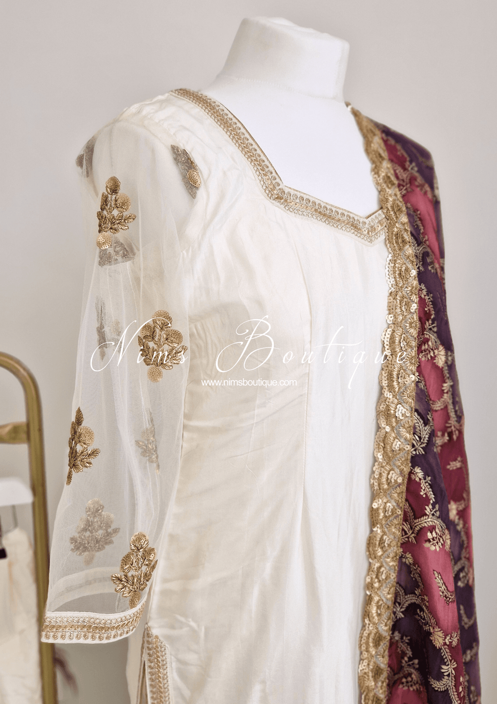 Nims Boutique The NB Classic Long Sleeved Ivory Silk & Multicolour Salwar Suit 8-20