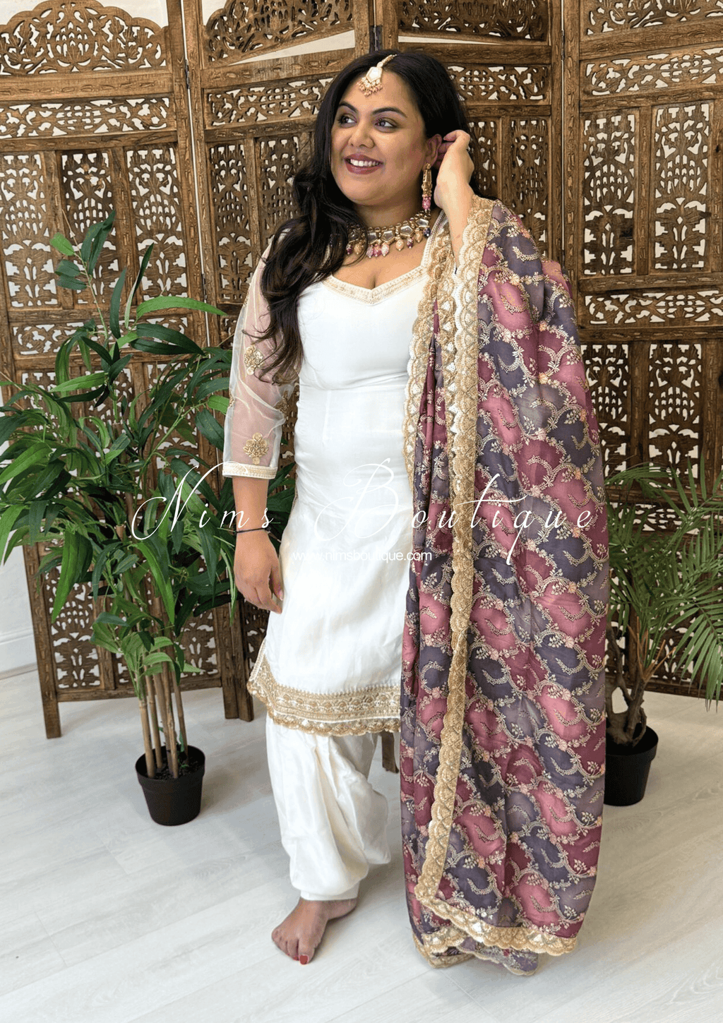 Nims Boutique The NB Classic Long Sleeved Ivory Silk & Multicolour Salwar Suit 8-20