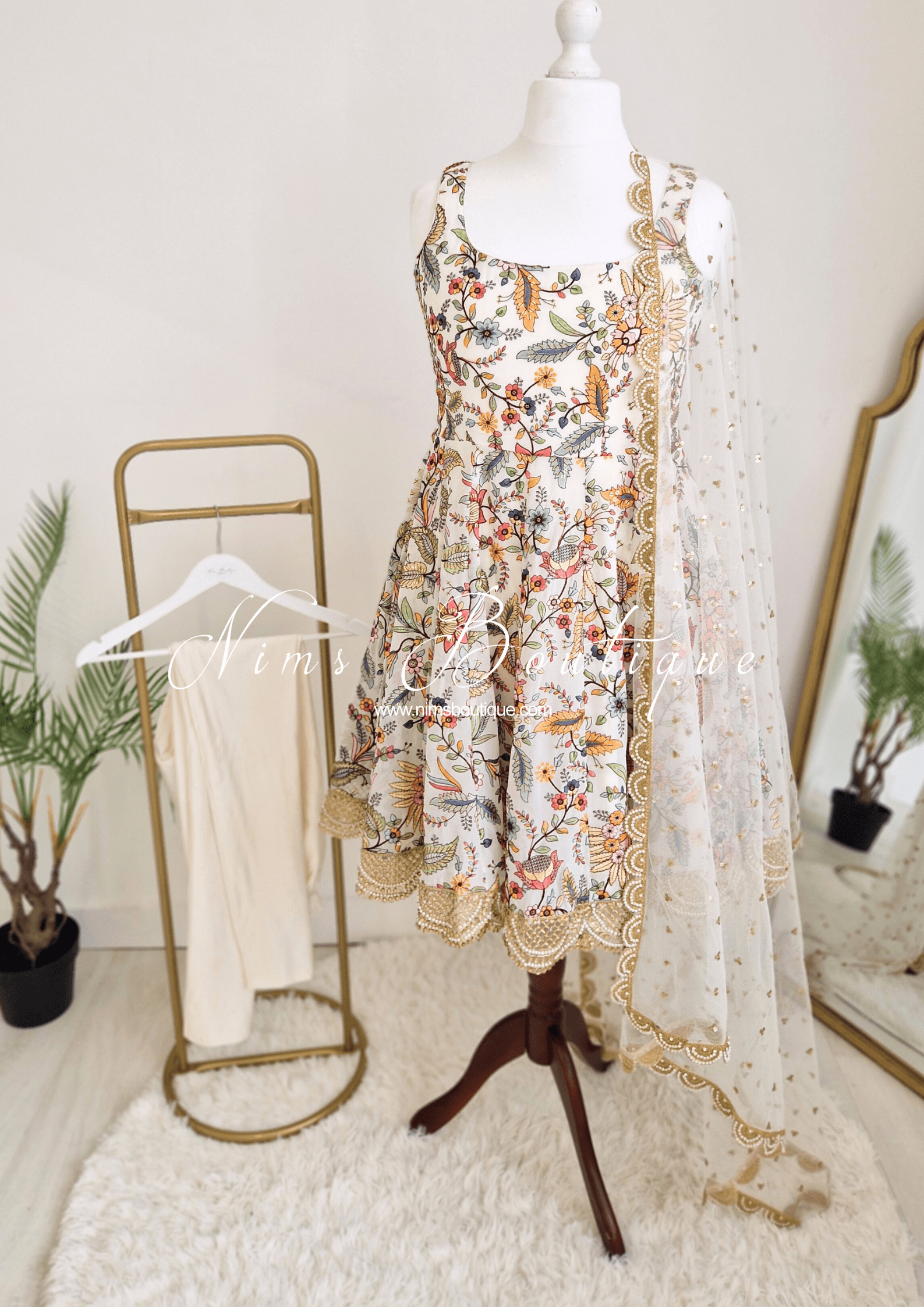 Nims Boutique Sarika Luxury White & Multicolour Anarkali Suit with Pajami sizes 14-24