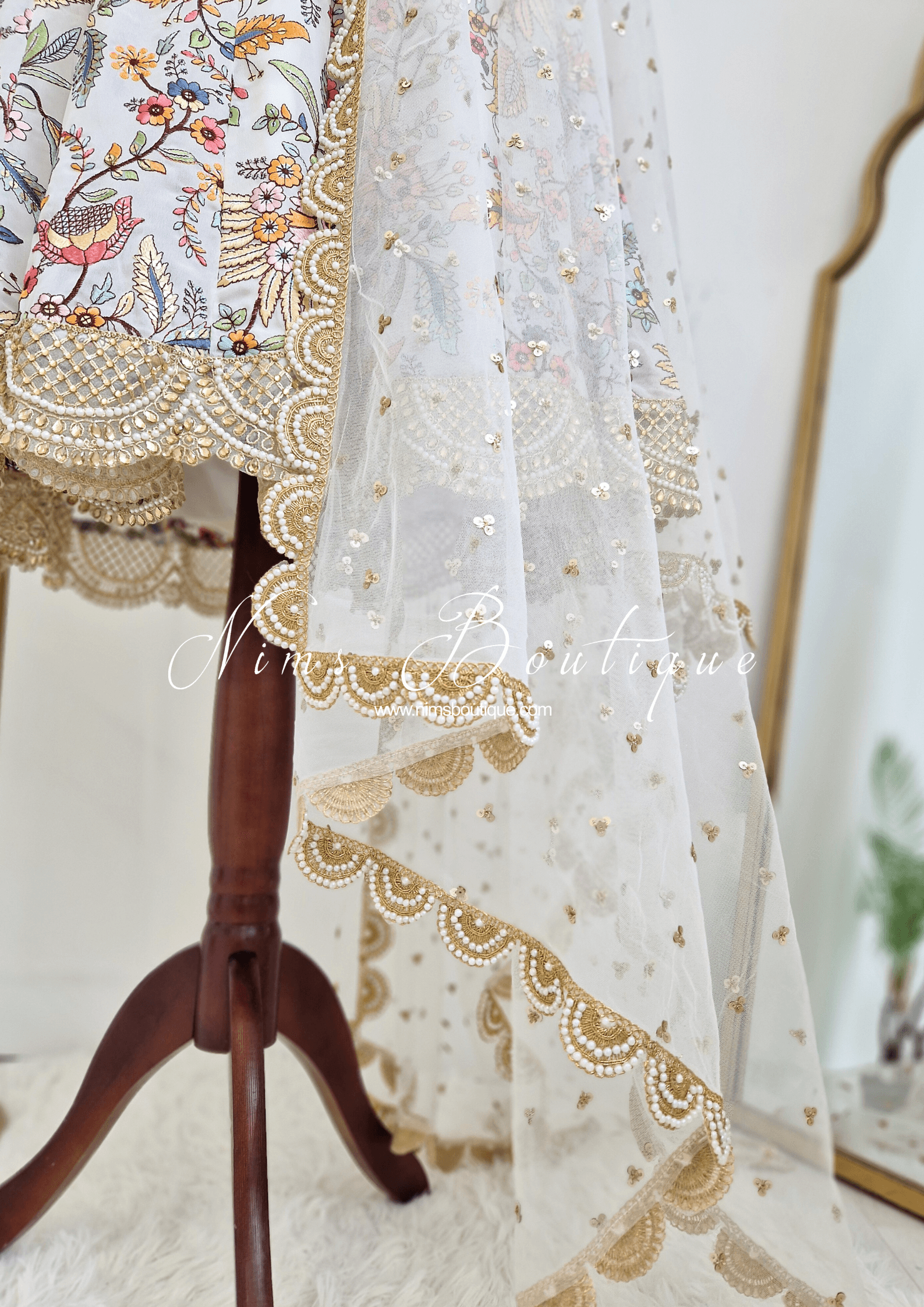 Nims Boutique Sarika Luxury White & Multicolour Anarkali Suit with Pajami sizes 14-24