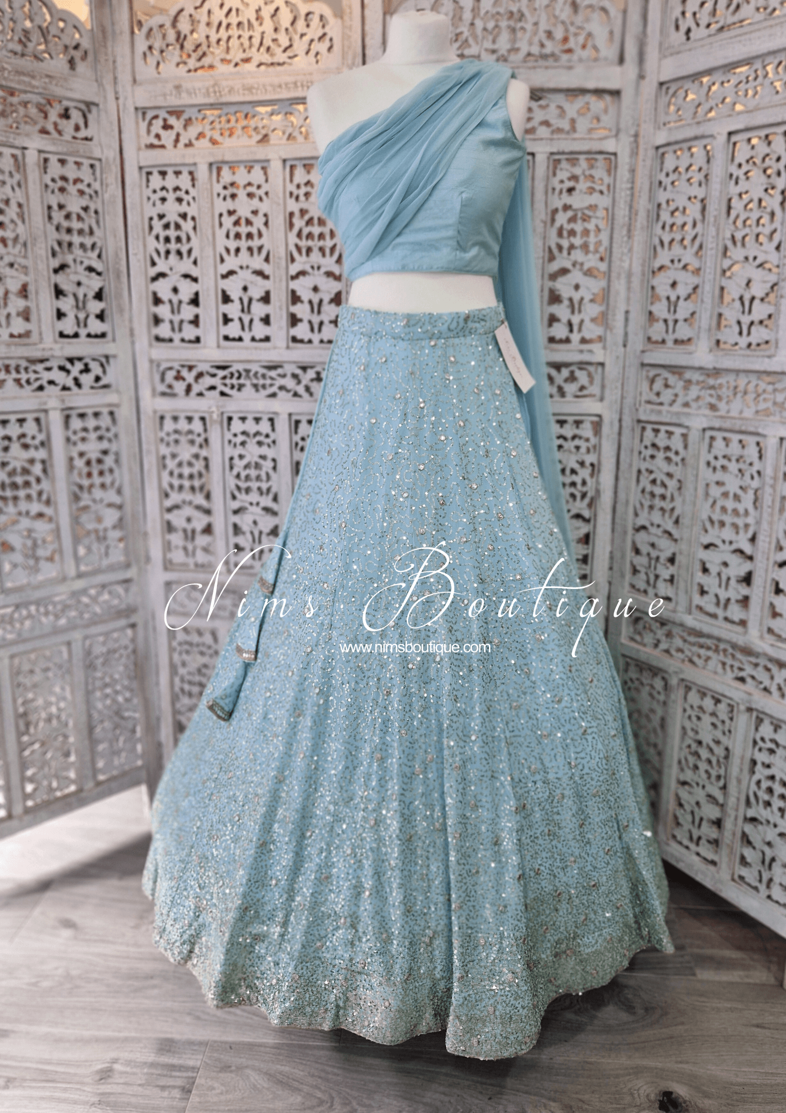 Nims Boutique Arya Powder Blue Luxury One Shoulder & Dupatta blouse 4-10