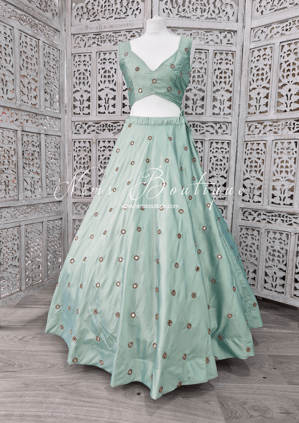 Nims Boutique Rani Luxury Mint Mirror readymade skirt/lehnga size 4-24