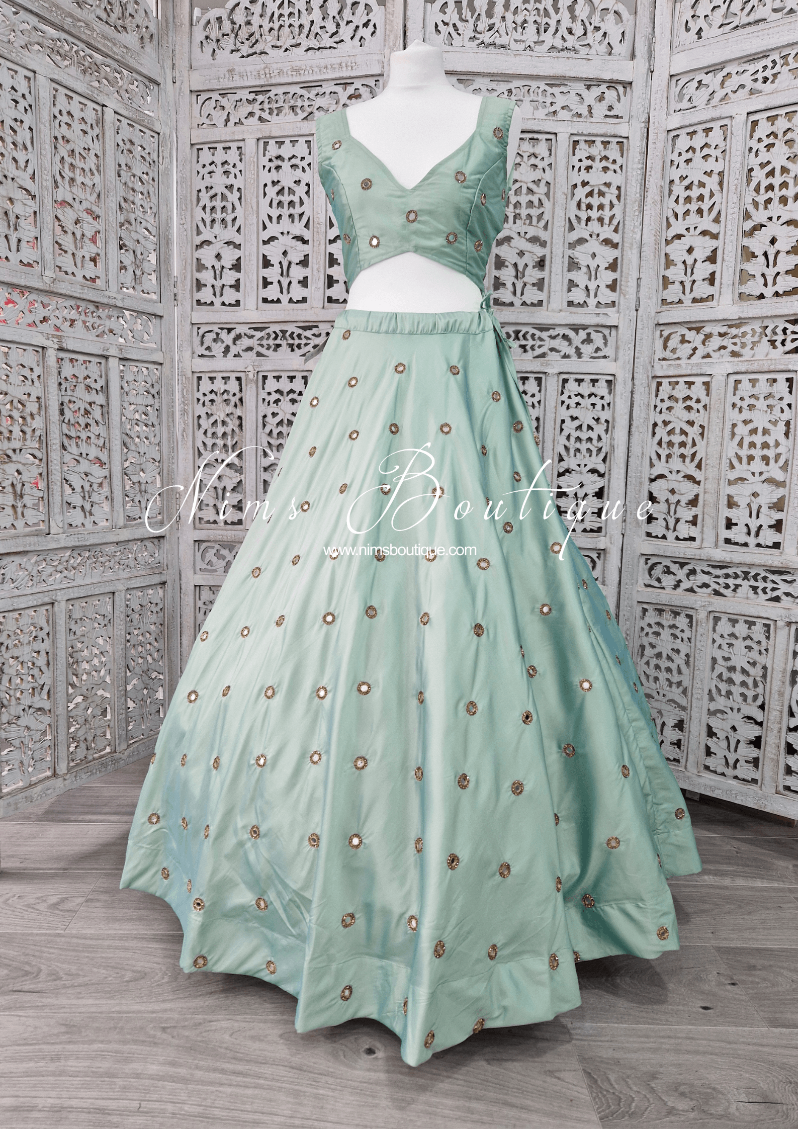 Nims Boutique Rani Luxury Mint Mirror readymade skirt/lehnga size 4-24