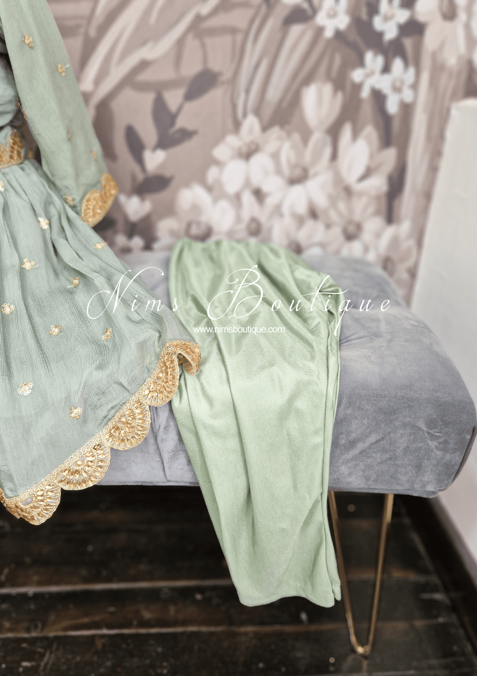 Nims Boutique Sage Green Sequin Frock Kids Pajami Suit