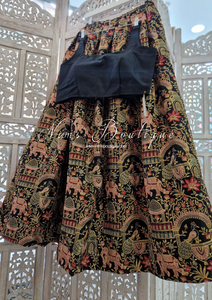 Luxury Elephant & Peacock Black thread embroidered Skirt (One size)