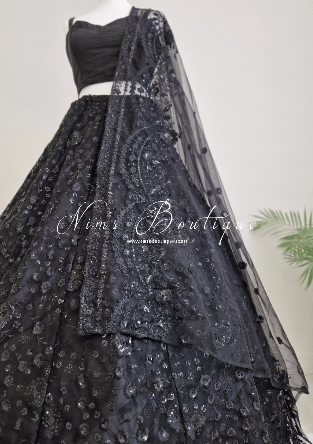 Nims Boutique Ayesha Luxury Black Net Embroidered Dupatta/Chunni