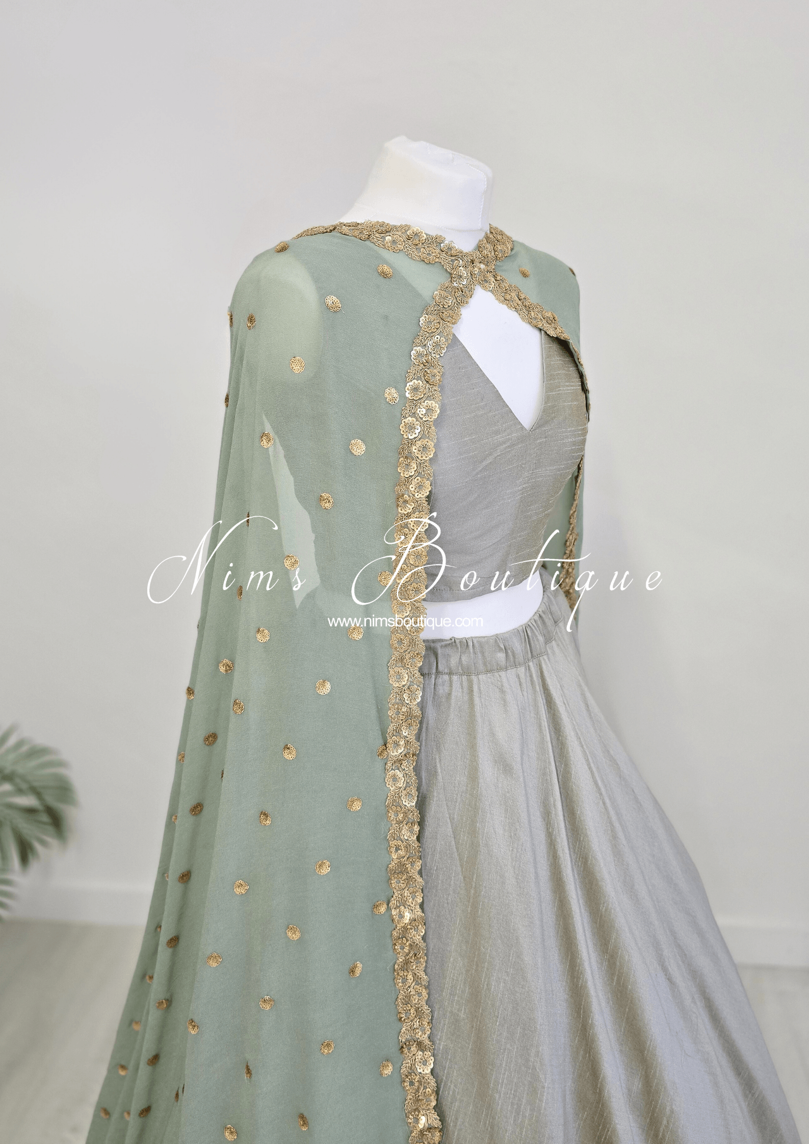 Nims Boutique Ria Luxury Sage Green Georgette Dupatta/Chunni