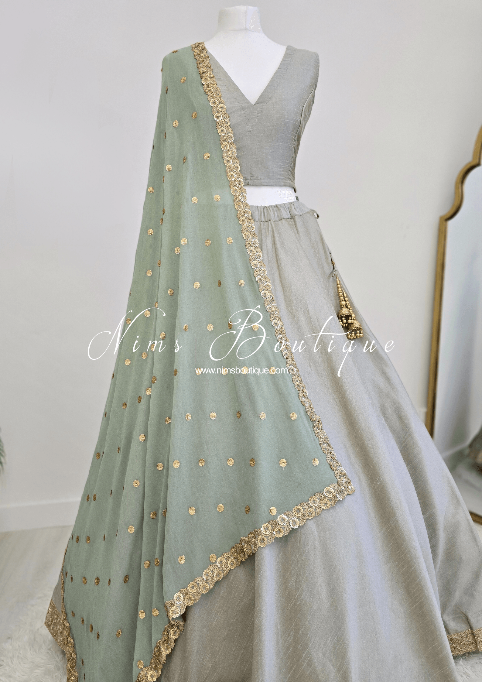 Nims Boutique Ria Luxury Sage Green Georgette Dupatta/Chunni