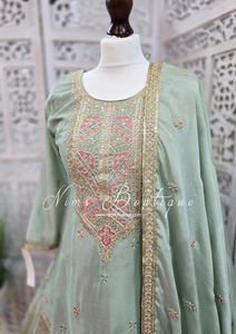 Luxury Mint Embroidered Sharara Suit (Size 12-14)