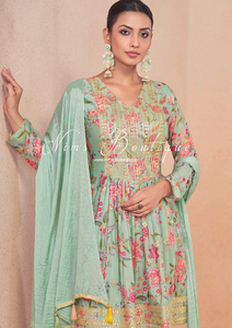 Nims Boutique Mint Floral Chinon Sharara Suit Size 16-18