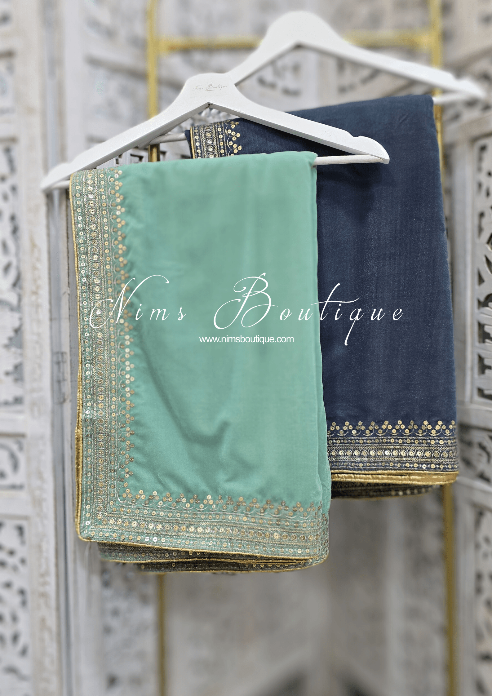 Nims Boutique Luxury Mint Green Velvet Embroidered Shawl